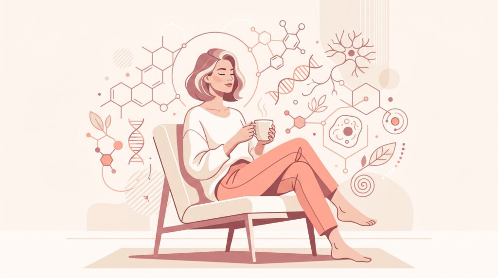 Mujer relajándose con elementos abstractos de ciencia y bienestar.