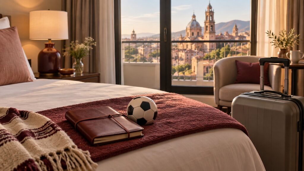 Equipaje y balón junto a un cuaderno de viaje