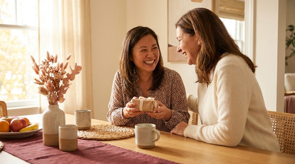Dos mujeres compartiendo un momento alrededor de un regalo