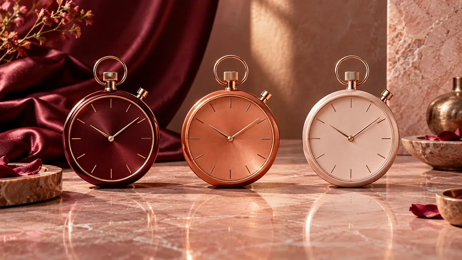 Masaje de 60, 90 o 120 minutos: cuál elegir 1 Tres relojes en tonos borgoña, salmón y rosa ilustran las opciones de 60, 90 y 120 minutos