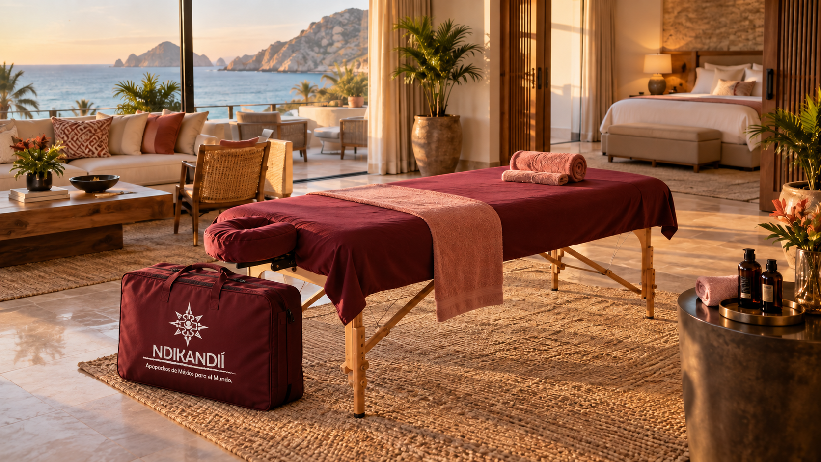 Camilla portátil en una suite con vista al mar y bolsa guinda con logotipo de NDIKANDIÍ; la cama del hotel permanece sin usar
