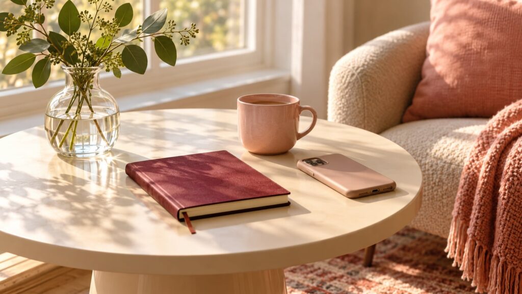 Libreta borgoña cerrada, taza rosa, teléfono boca abajo y florero de vidrio sobre una mesa junto a una ventana