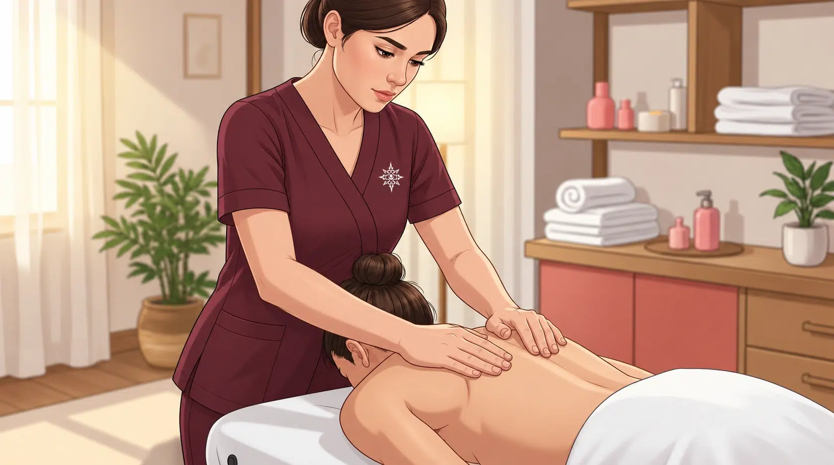 Ilustración de una terapeuta con uniforme guinda realizando un masaje descontracturante.