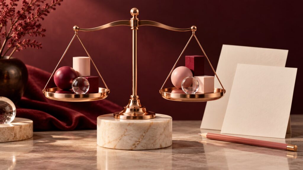 Balanza metálica con objetos geométricos de colores y dos tarjetas en blanco sobre piedra clara.