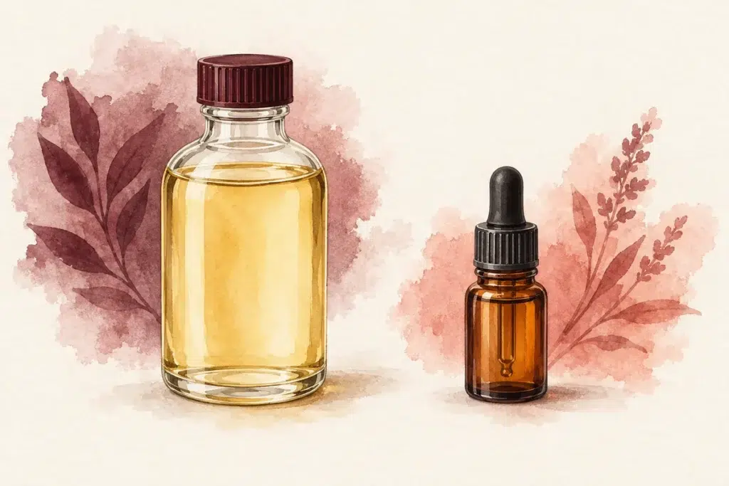 Ilustración de un frasco grande con aceite dorado junto a un frasco pequeño ámbar con cuentagotas.