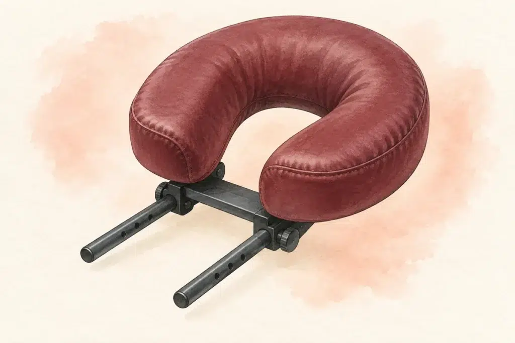 Almohadilla en forma de U sobre un soporte ajustable de cabezal, con abertura central visible.