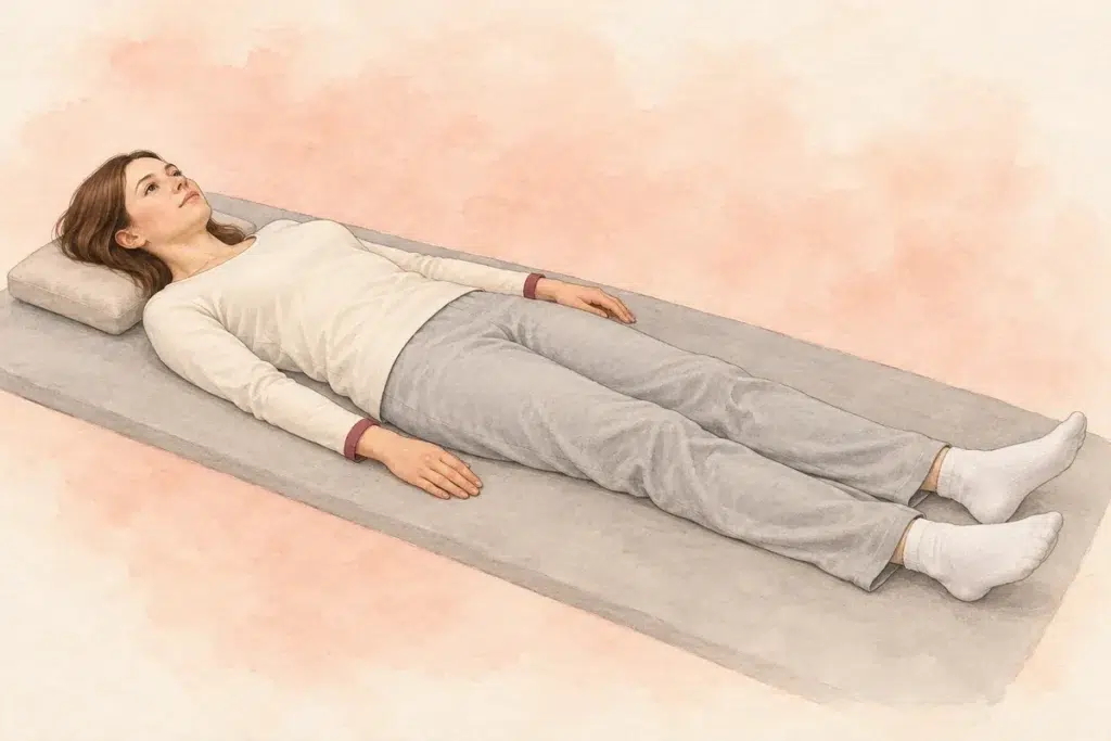 Persona adulta vestida, acostada boca arriba con la cabeza sobre una almohada y los brazos junto al cuerpo.