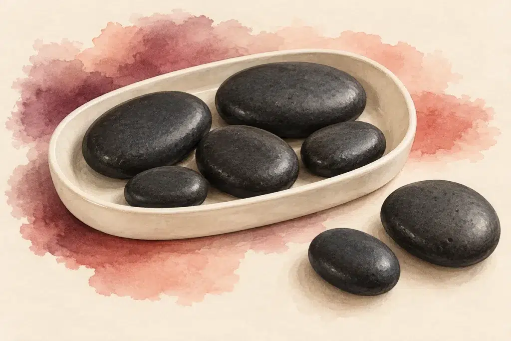 Ilustración de siete piedras oscuras, lisas y ovaladas, cinco en una bandeja y dos a su lado.
