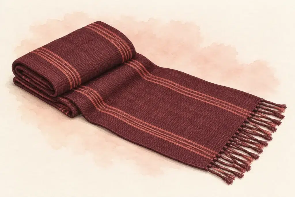 Ilustración de un textil guinda parcialmente plegado, con rayas salmón, tejido visible y flecos.
