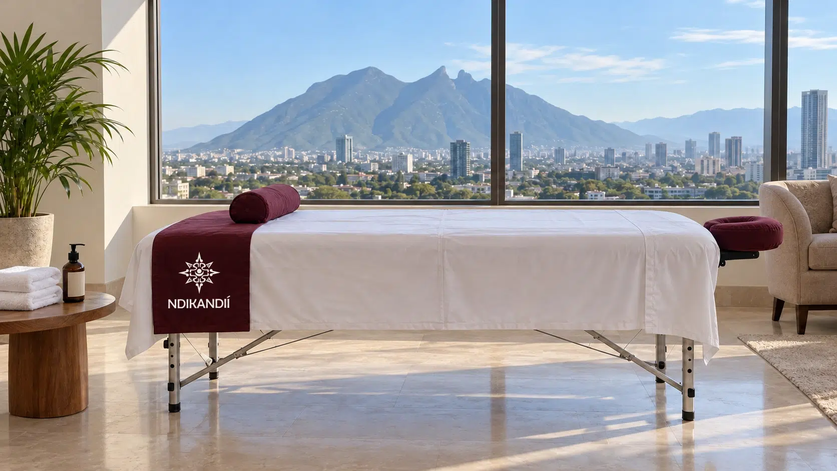 Camilla portátil vista de lado con sábanas blancas y reposapiés guinda frente al Cerro de la Silla.