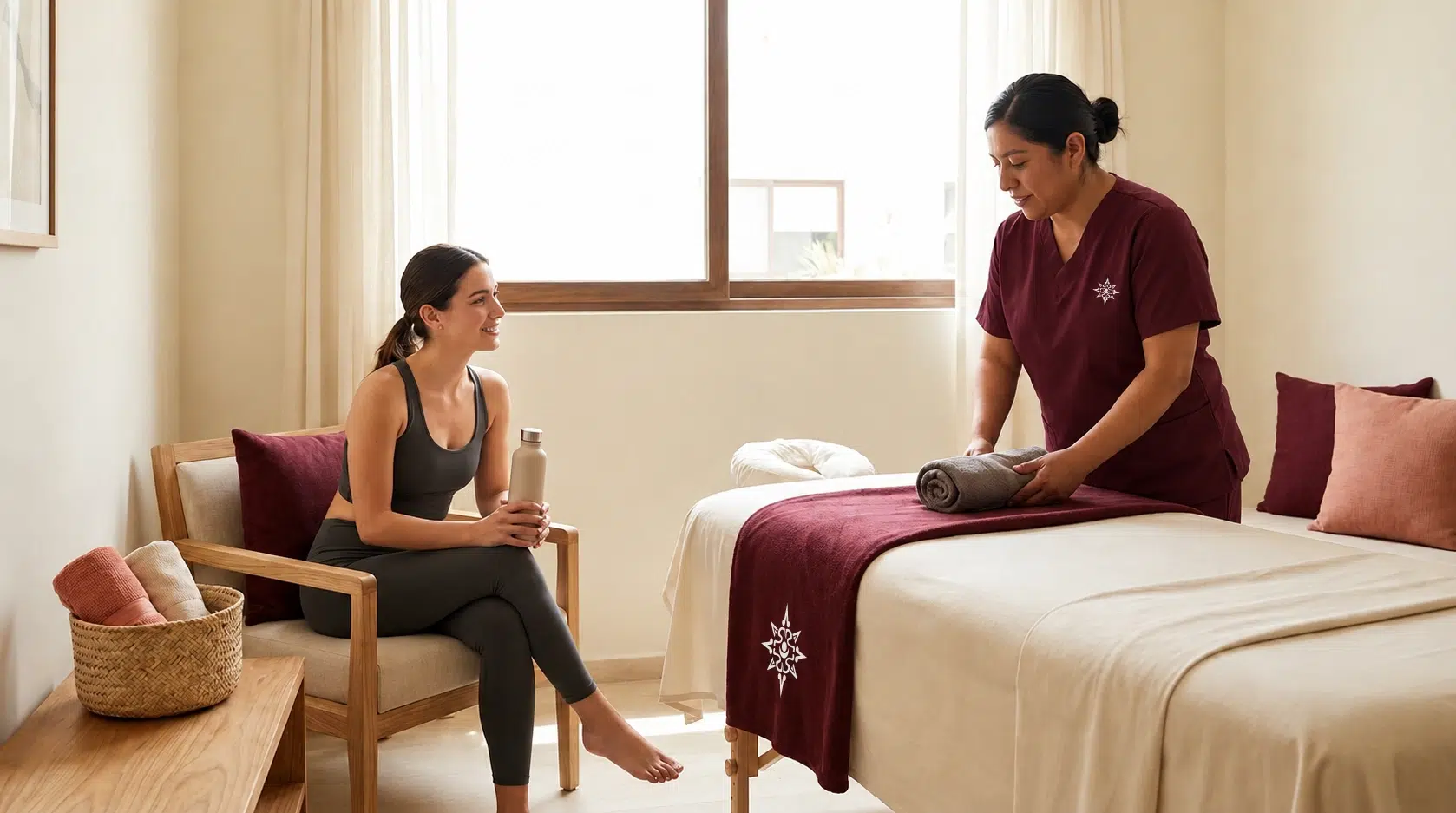 Persona con ropa deportiva conversando con una terapeuta antes de la sesión