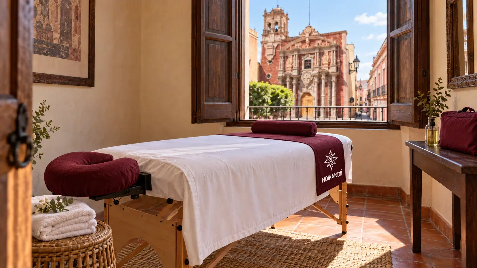 Camilla de masaje con sábanas blancas y reposapiés guinda junto a una ventana con vista de la Catedral San Felipe Neri.